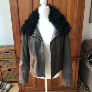 GAP Pewter Leather Jacket with Removable Mongolian Shearling Lamb Collar